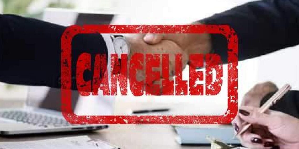 two hands shaking hands with cancellation written on top