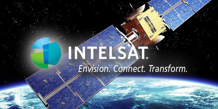 intelsat-logo on a satellite flying over the earth