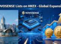 HKEX skyline left, NOVOSENSE semiconductor logo center, A/H-share icons right, upward arrow, "NOVOSENSE Lists on HKEX - Global Expansion"