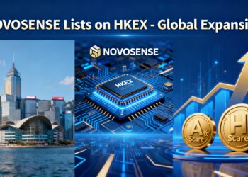 HKEX skyline left, NOVOSENSE semiconductor logo center, A/H-share icons right, upward arrow, "NOVOSENSE Lists on HKEX - Global Expansion"